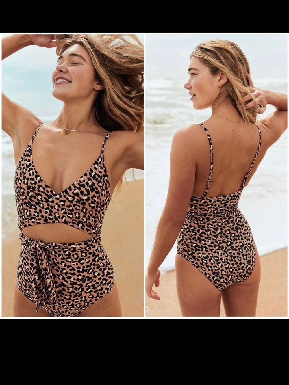 aerie Leopard-Print Cutout One-Piece Swimsuit in Tan and Black